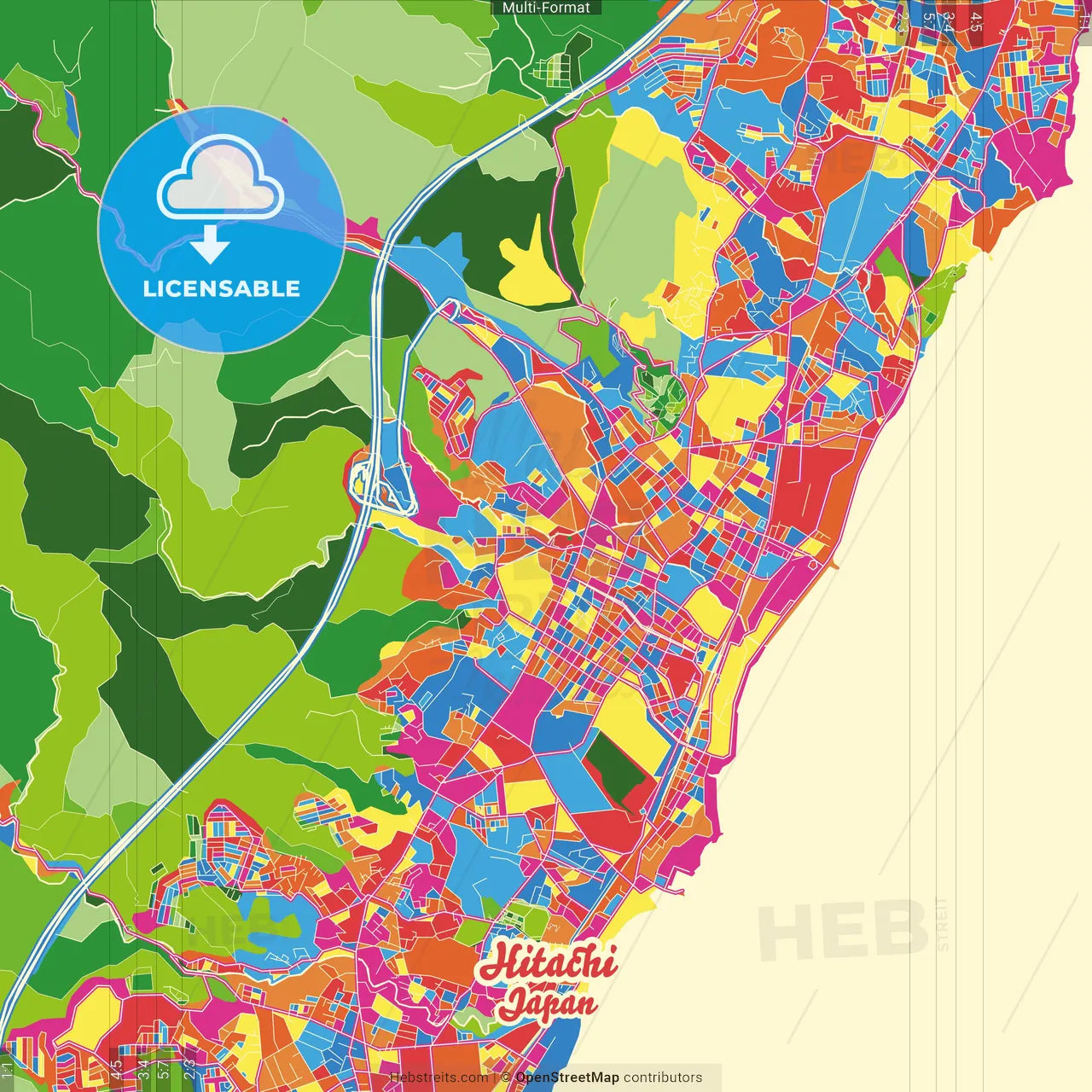 Hitachi, Ibaraki, Japan Crazy Colorful Street Map Poster Template