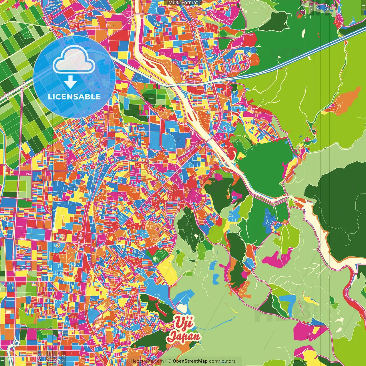 Uji, Kyoto, Japan Crazy Colorful Street Map Poster Template