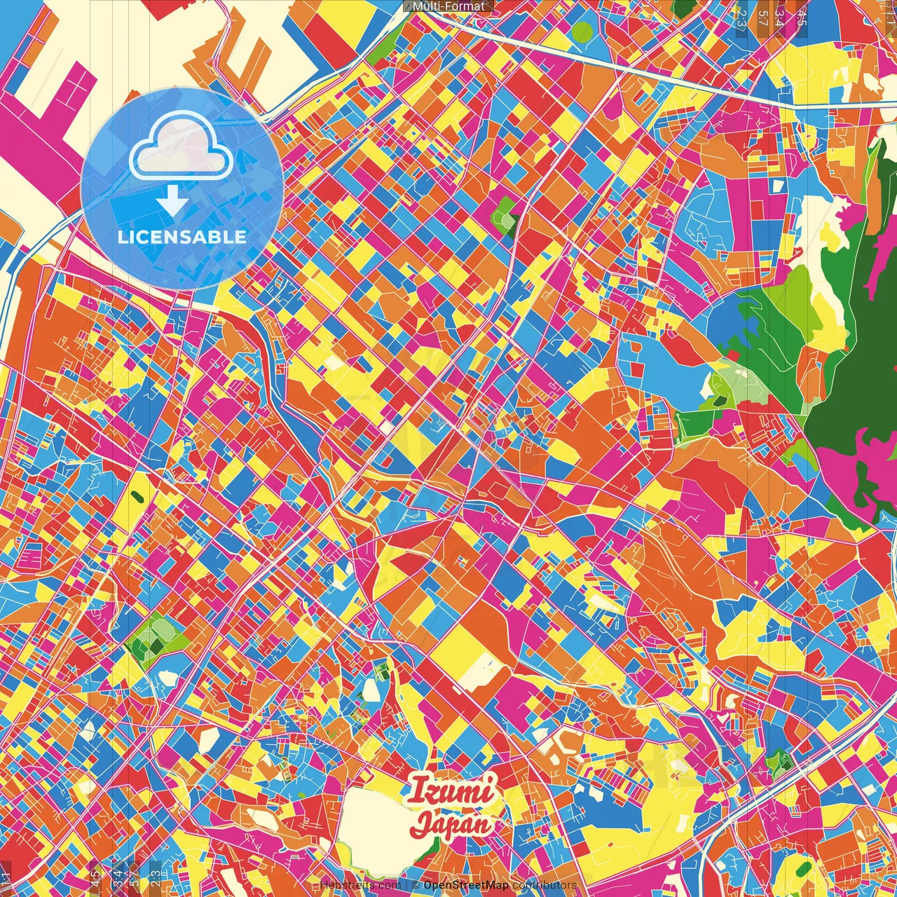 Izumi, Osaka, Japan Crazy Colorful Street Map Poster Template