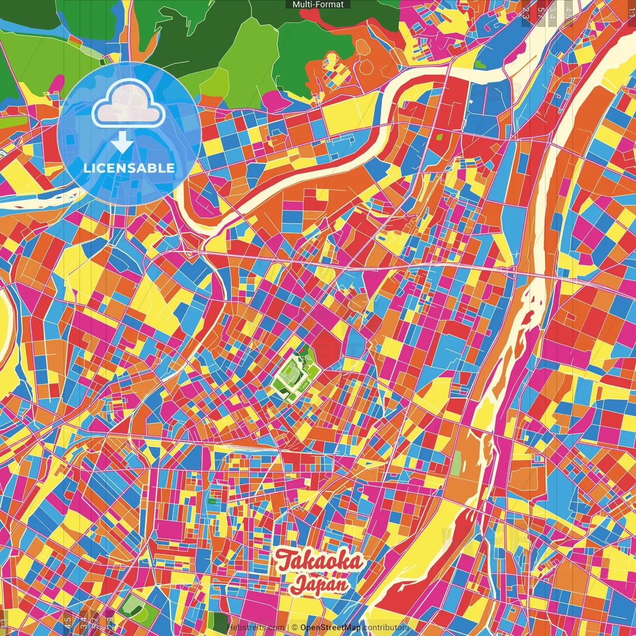 Takaoka, Toyama, Japan Crazy Colorful Street Map Poster Template