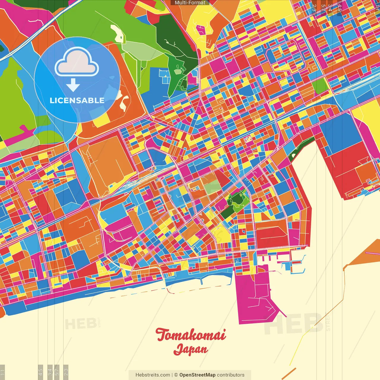 Tomakomai, Hokkaidō, Japan Crazy Colorful Street Map Poster Template