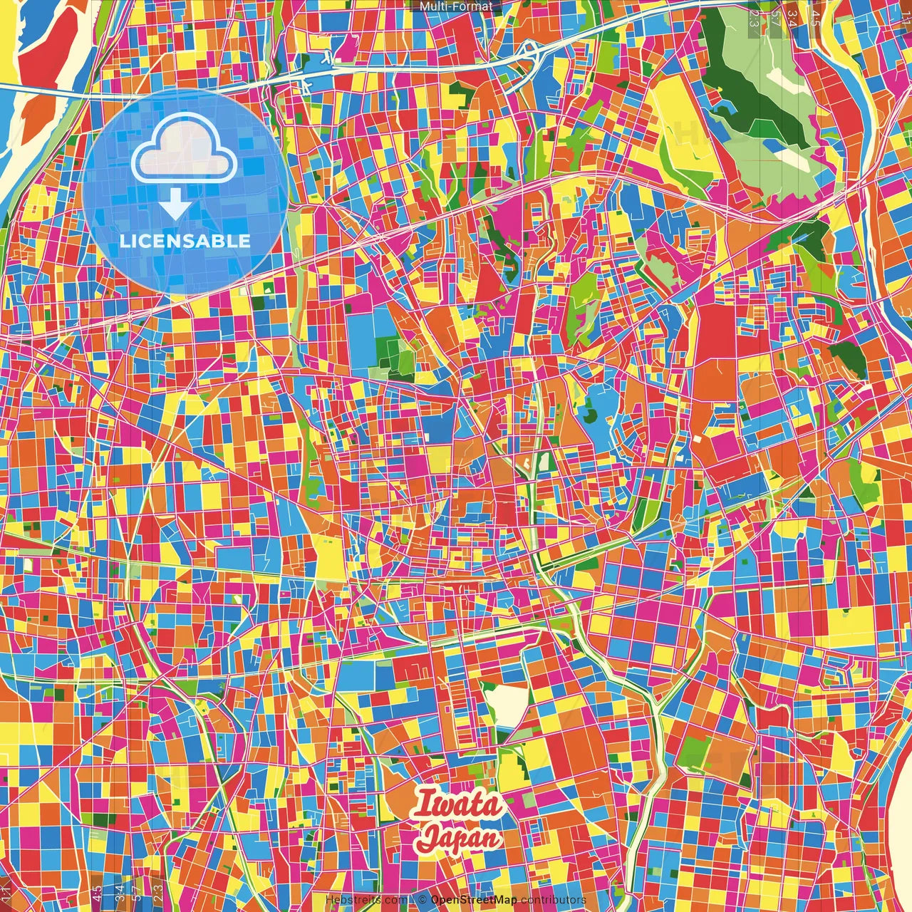 Iwata, Shizuoka, Japan Crazy Colorful Street Map Poster Template