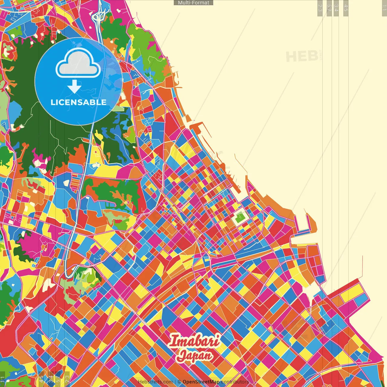 Imabari, Ehime, Japan Crazy Colorful Street Map Poster Template