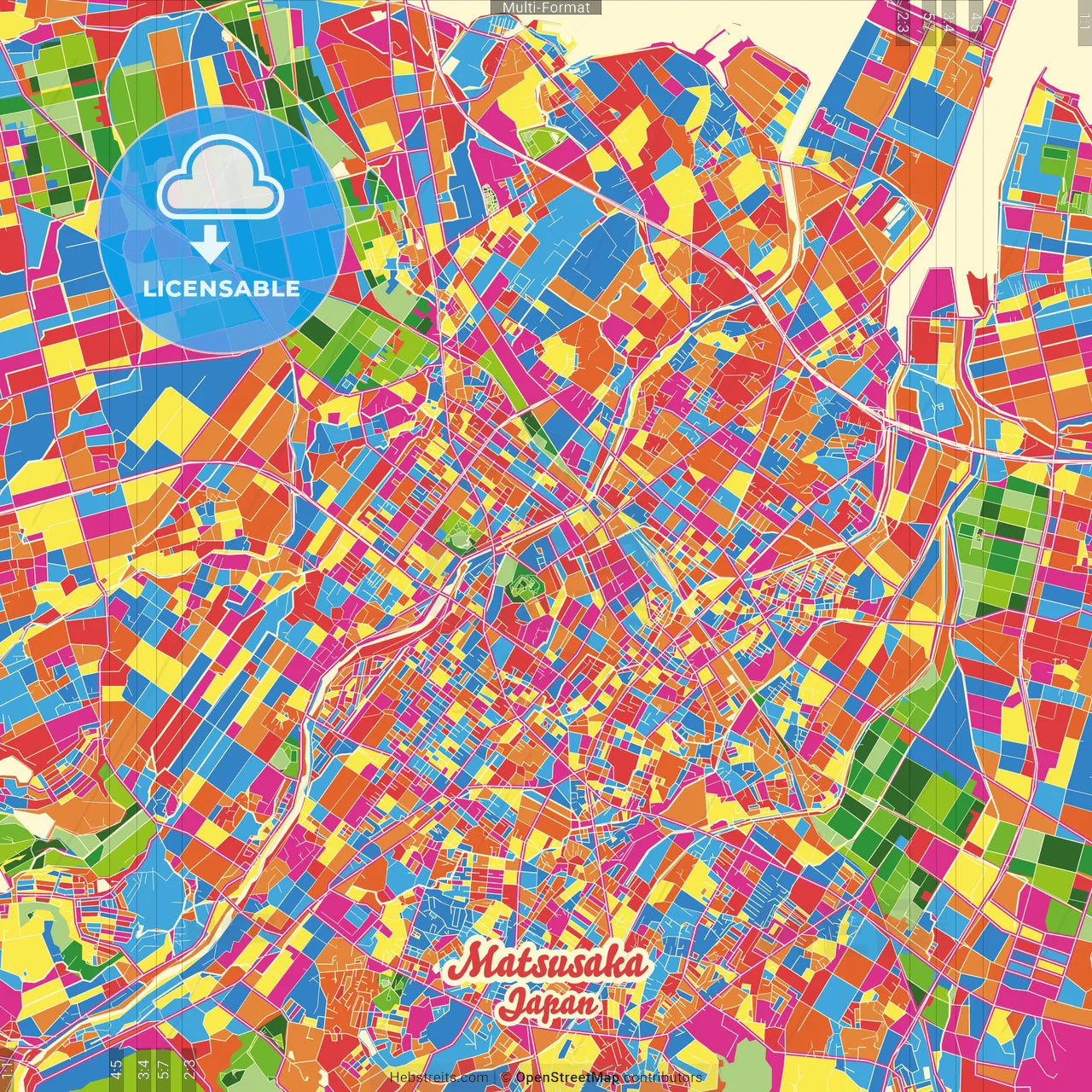 Matsusaka, Mie, Japan Crazy Colorful Street Map Poster Template