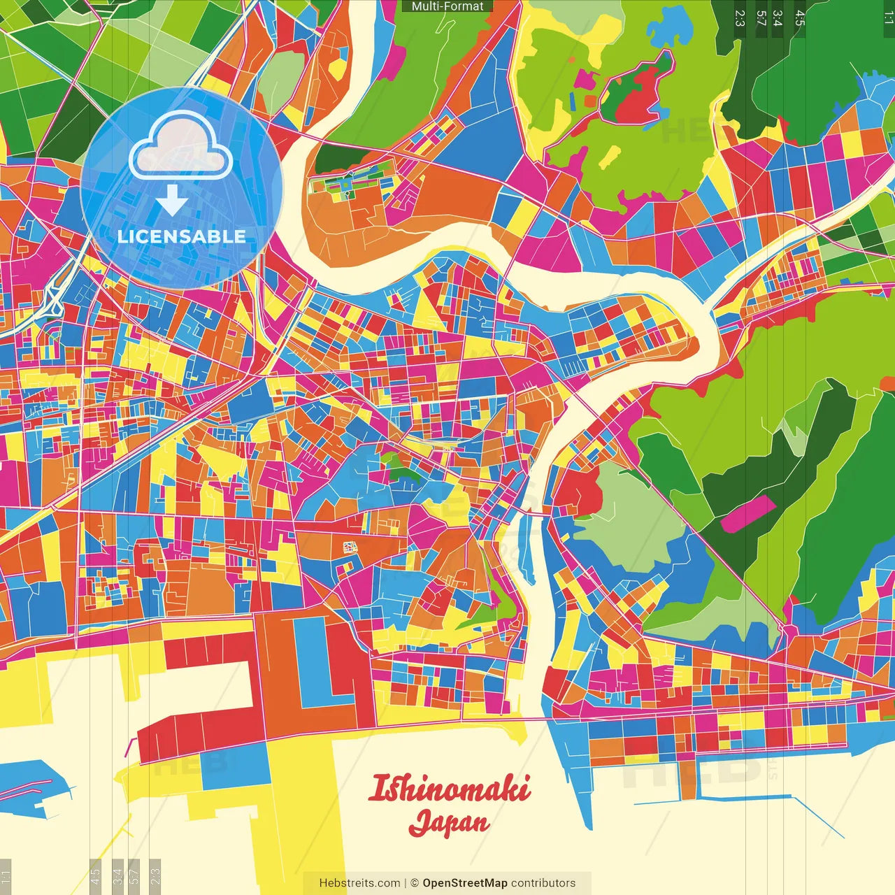 Ishinomaki, Miyagi, Japan Crazy Colorful Street Map Poster Template