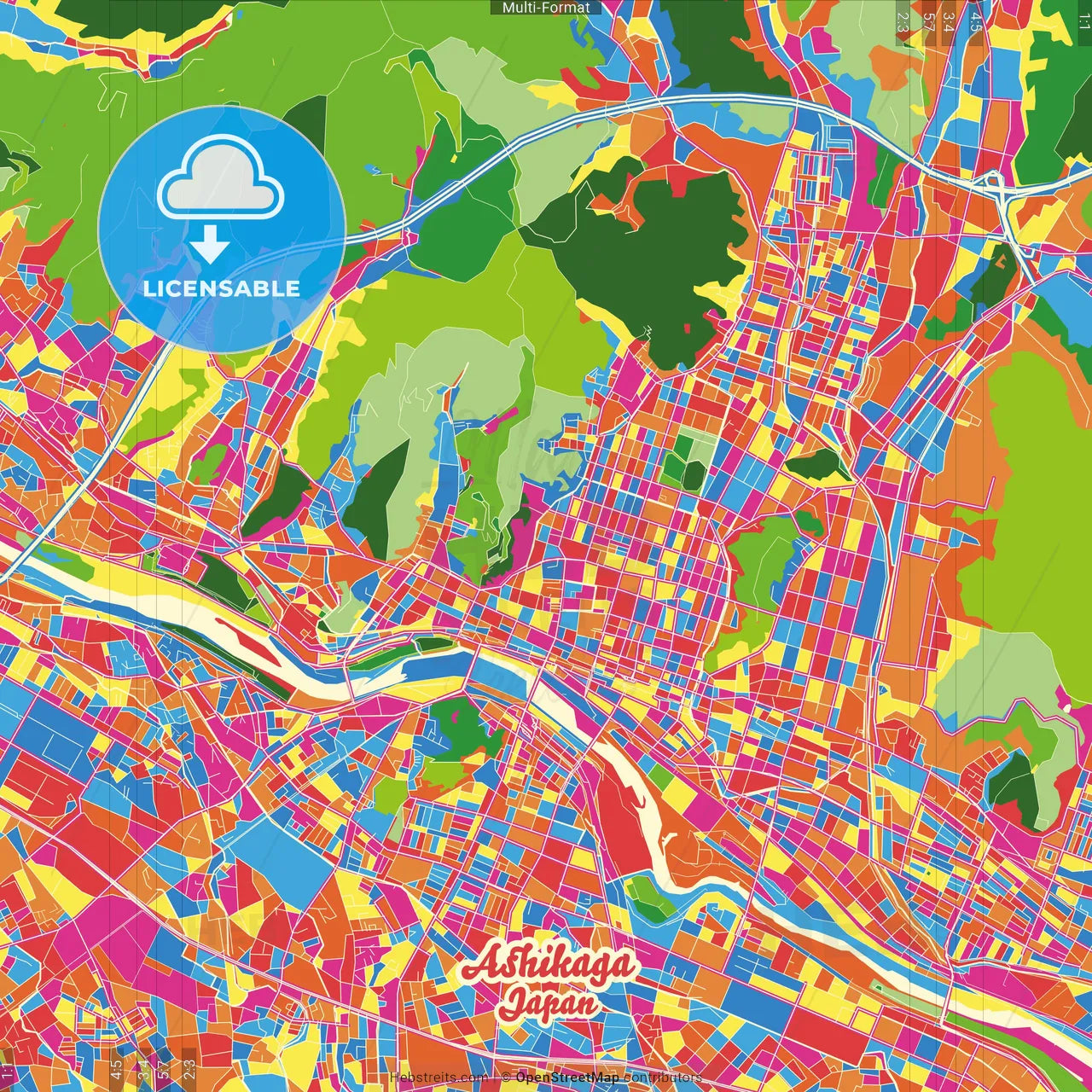 Ashikaga, Tochigi, Japan Crazy Colorful Street Map Poster Template