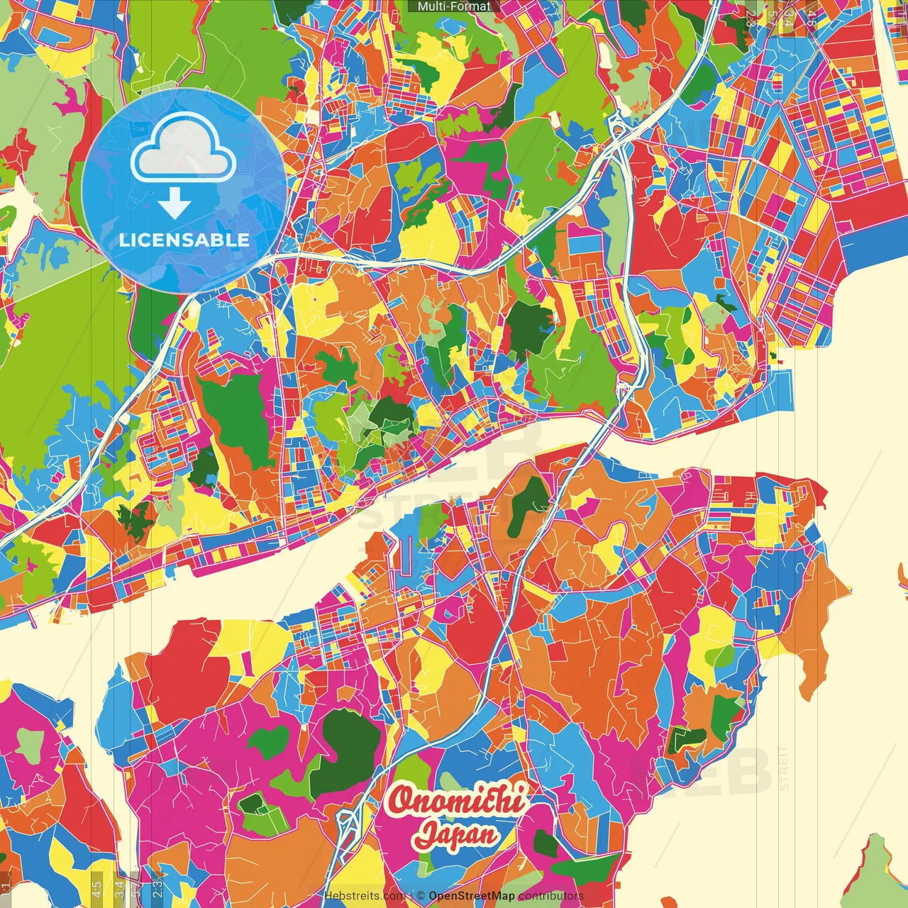 Onomichi, Hiroshima, Japan Crazy Colorful Street Map Poster Template