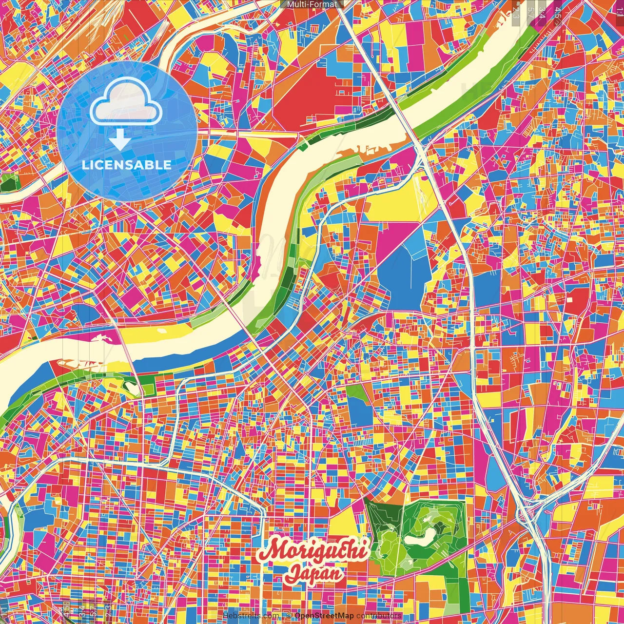 Moriguchi, Osaka, Japan Crazy Colorful Street Map Poster Template