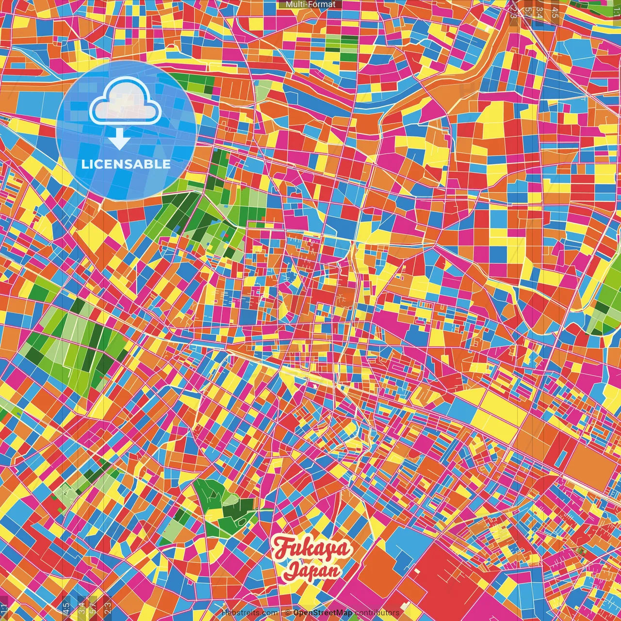 Fukaya, Saitama, Japan Crazy Colorful Street Map Poster Template