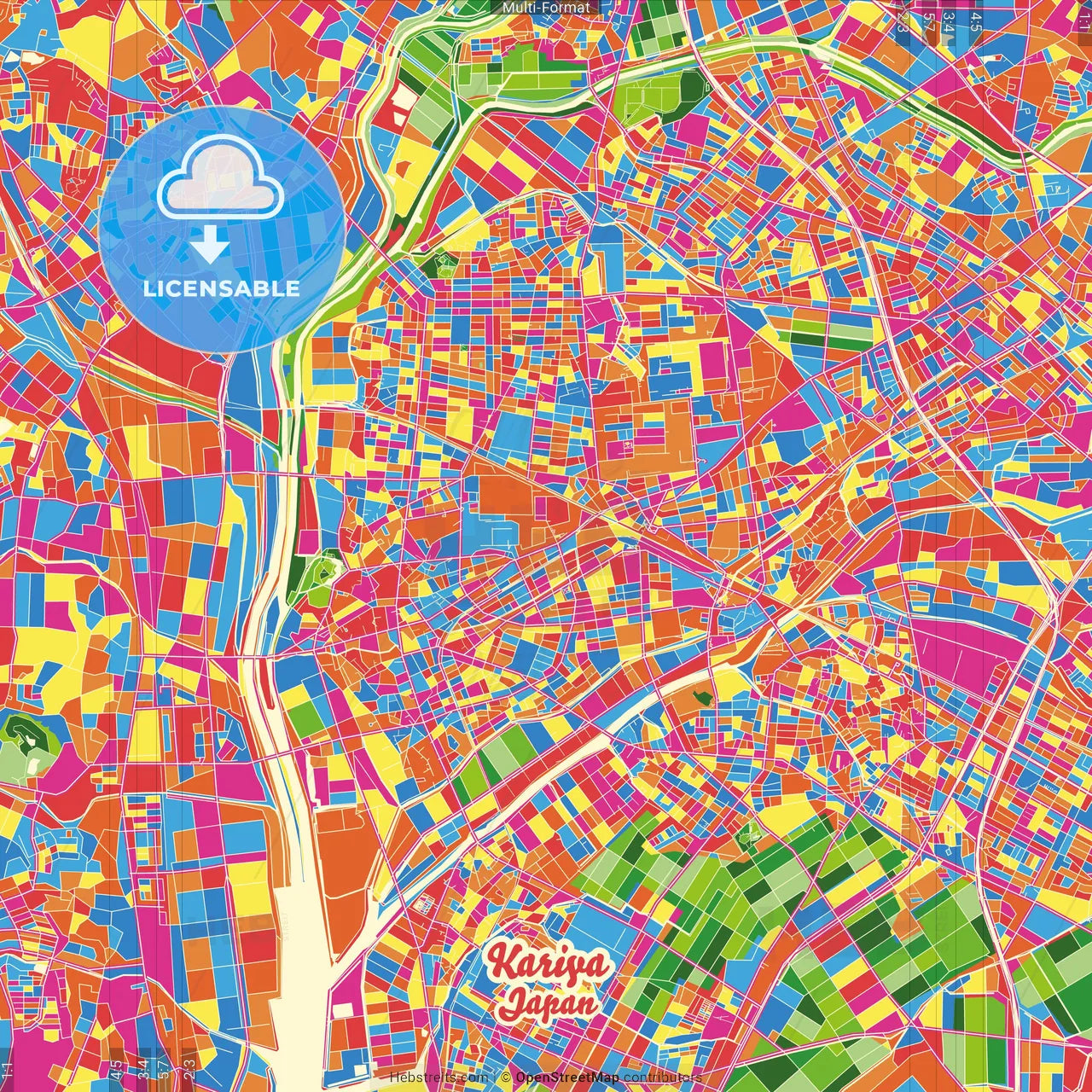 Kariya, Aichi, Japan Crazy Colorful Street Map Poster Template