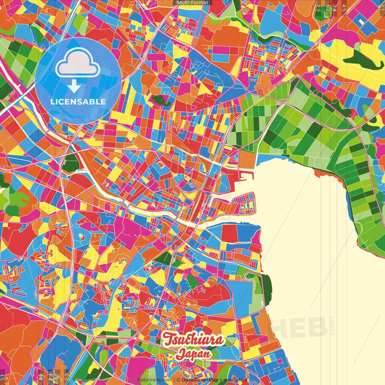 Tsuchiura, Ibaraki, Japan Crazy Colorful Street Map Poster Template