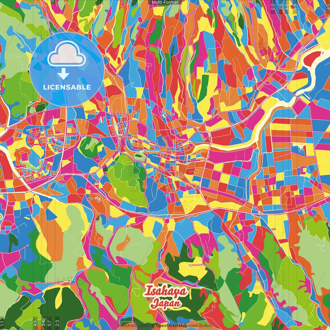 Isahaya, Nagasaki, Japan Crazy Colorful Street Map Poster Template