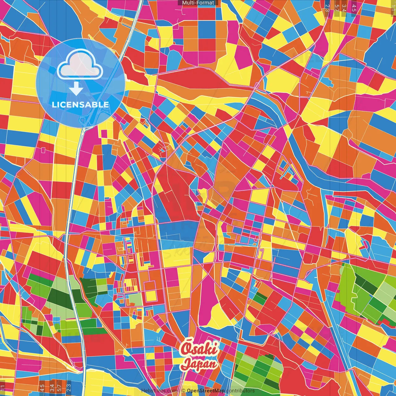 Ōsaki, Miyagi, Japan Crazy Colorful Street Map Poster Template