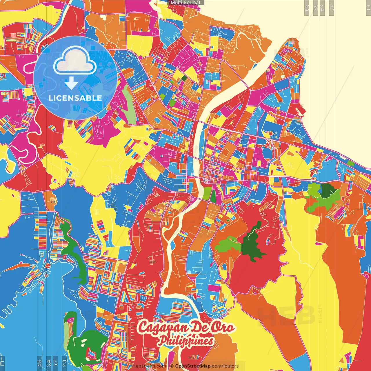 Cagayan de Oro, Misamis Oriental, Philippines Crazy Colorful Street Map Poster Template