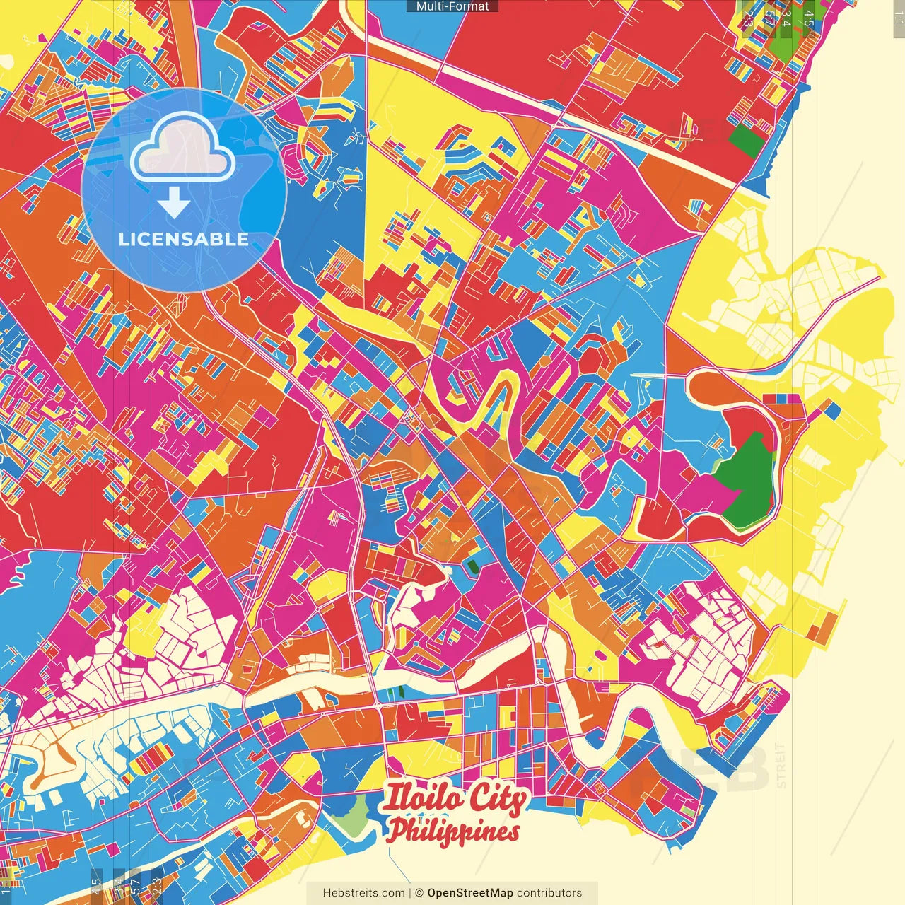 Iloilo City, Iloilo, Philippines Crazy Colorful Street Map Poster Template