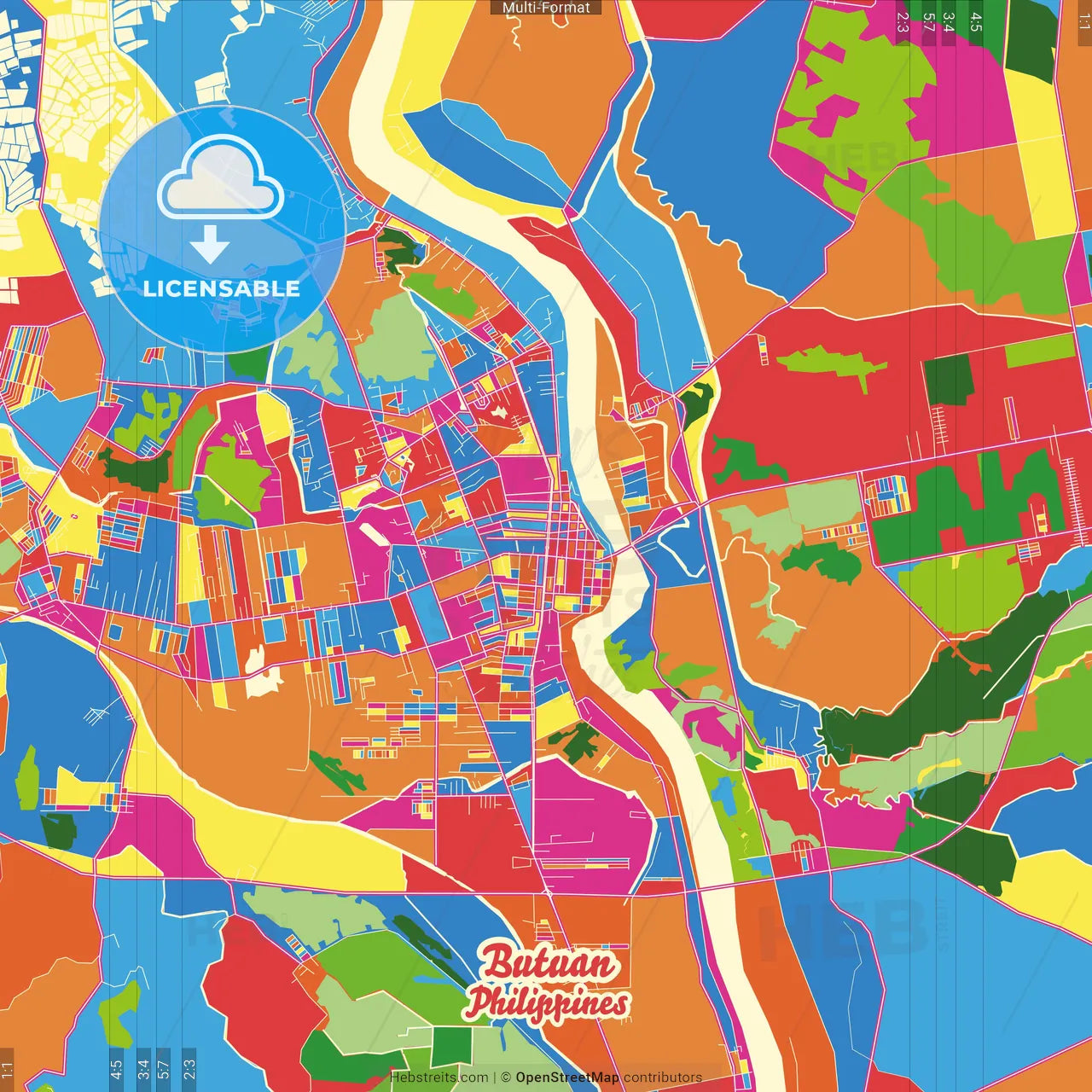 Butuan, Agusan del Norte, Philippines Crazy Colorful Street Map Poster Template