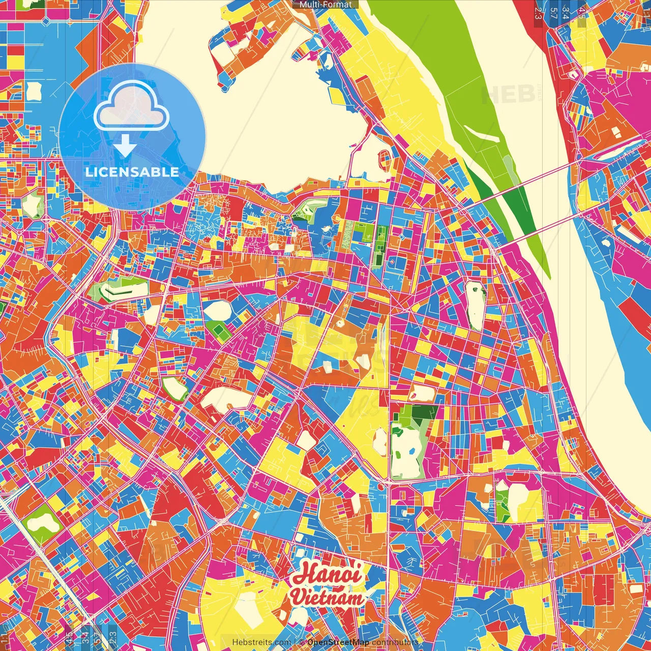 Hanoi, Hà Đông, Hà Tây, Vietnam Crazy Colorful Street Map Poster Template