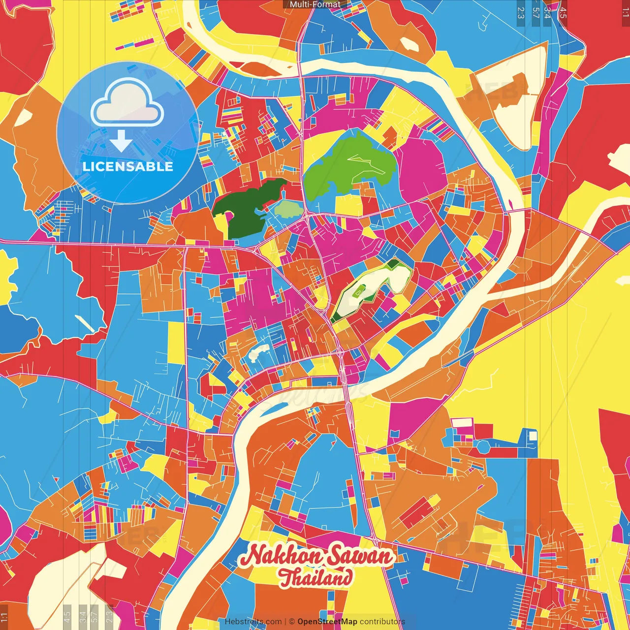 Nakhon Sawan, Nakhon Sawan, Thailand Crazy Colorful Street Map Poster Template