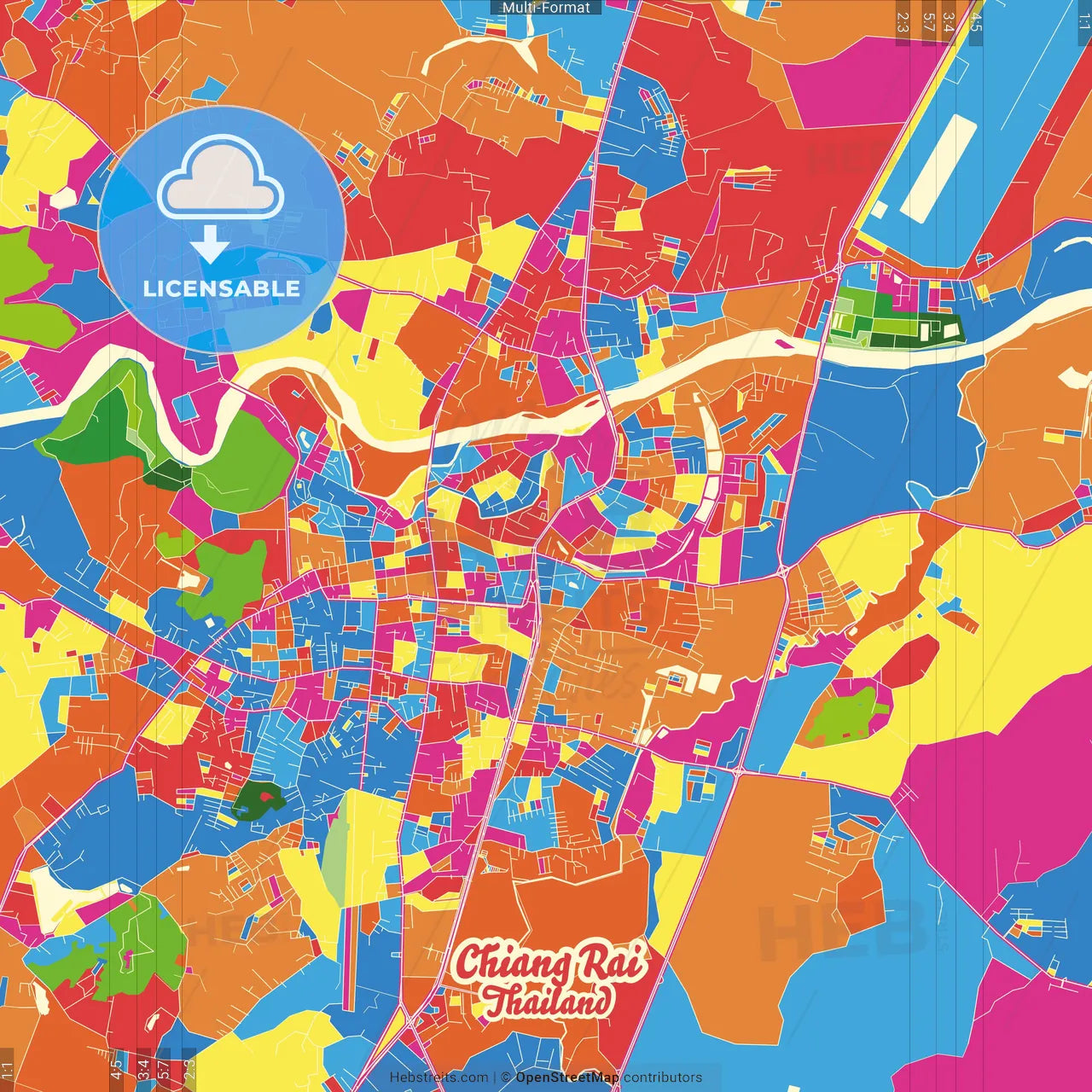 Chiang Rai, Chiang Rai, Thailand Crazy Colorful Street Map Poster Template