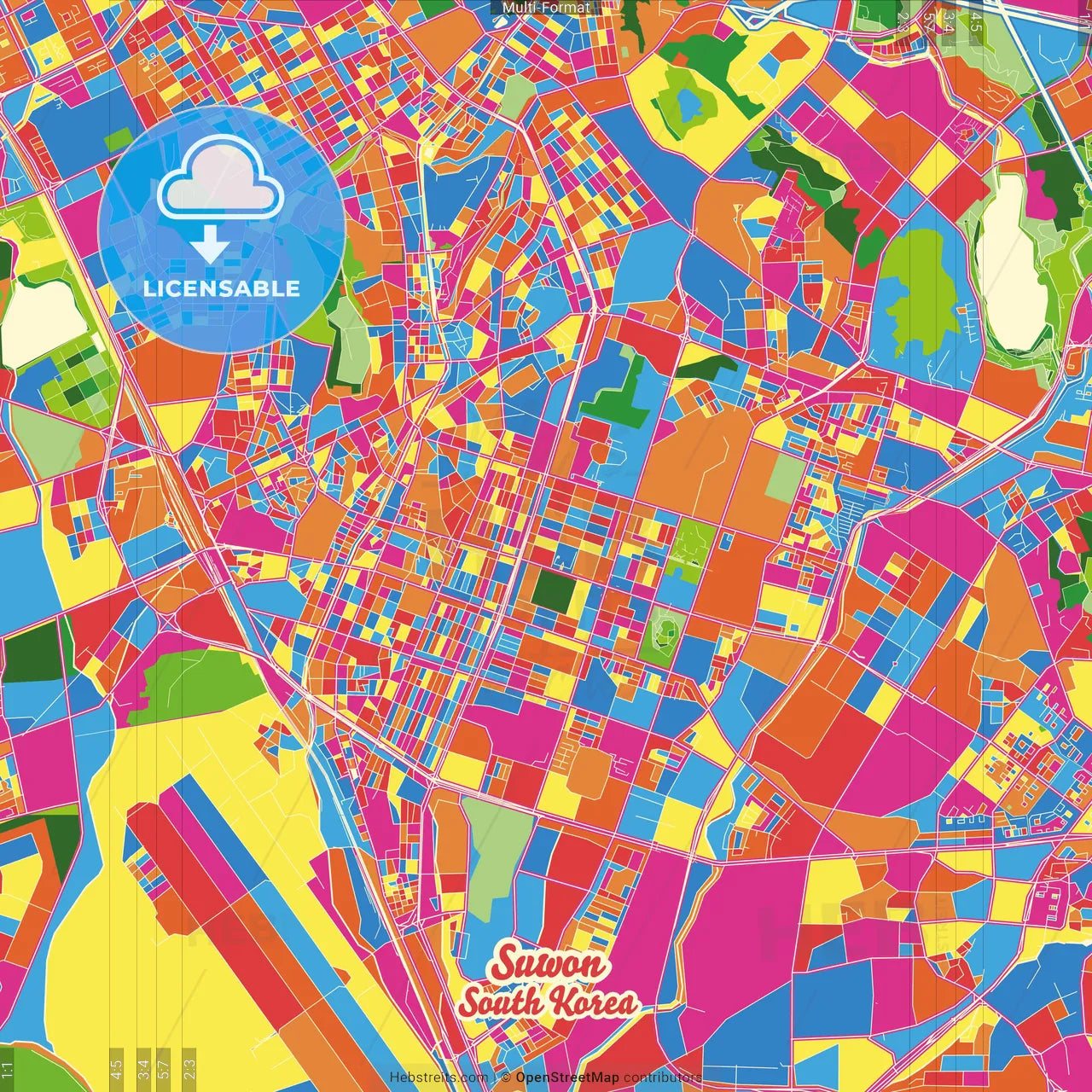 Suwon, Gyeonggi, South Korea Crazy Colorful Street Map Poster Template