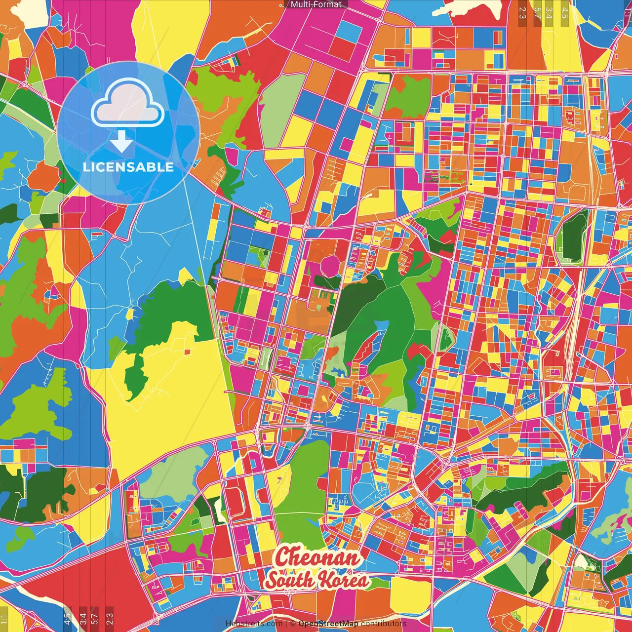 Cheonan, South Chungcheong, South Korea Crazy Colorful Street Map Poster Template
