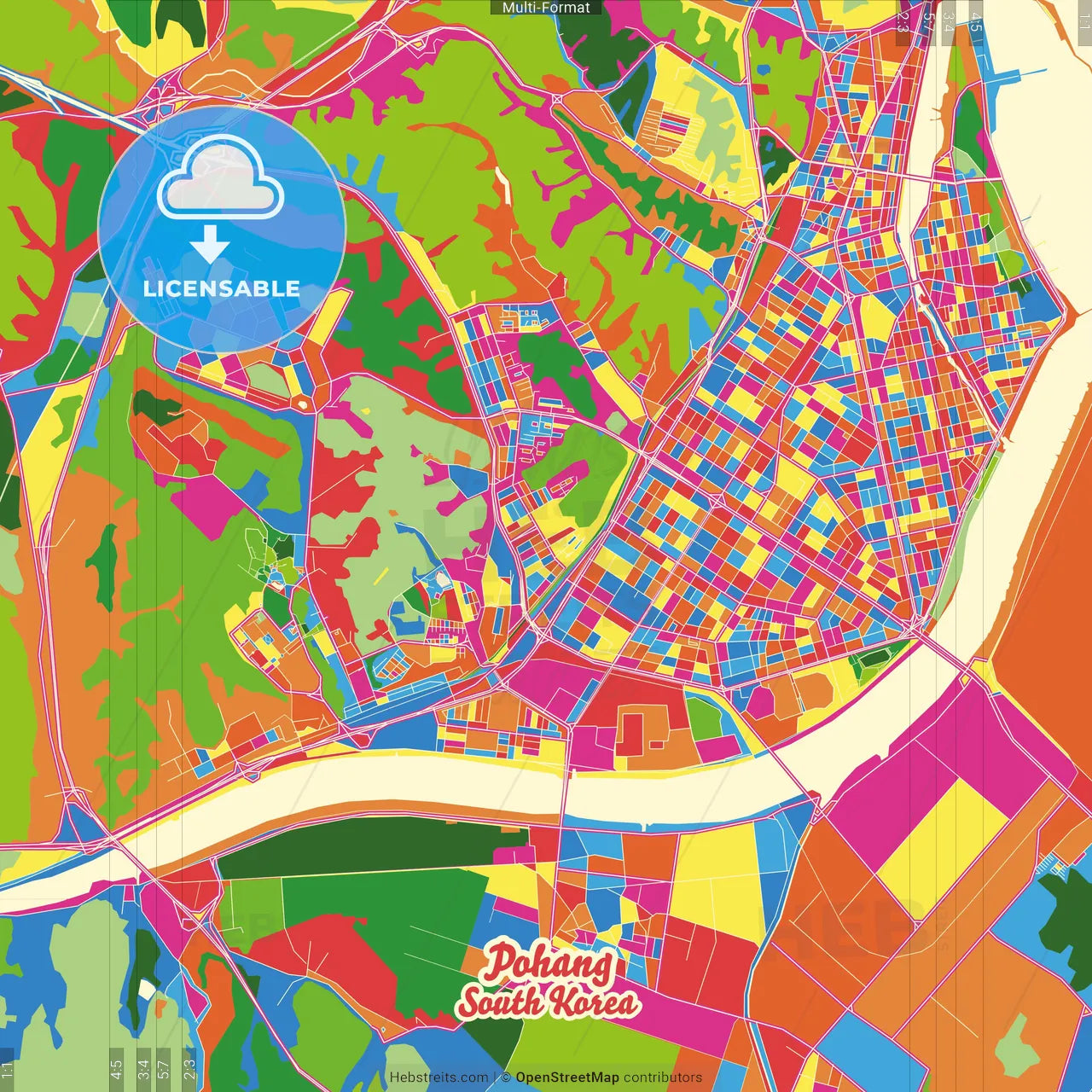 Pohang, North Gyeongsang, South Korea Crazy Colorful Street Map Poster Template