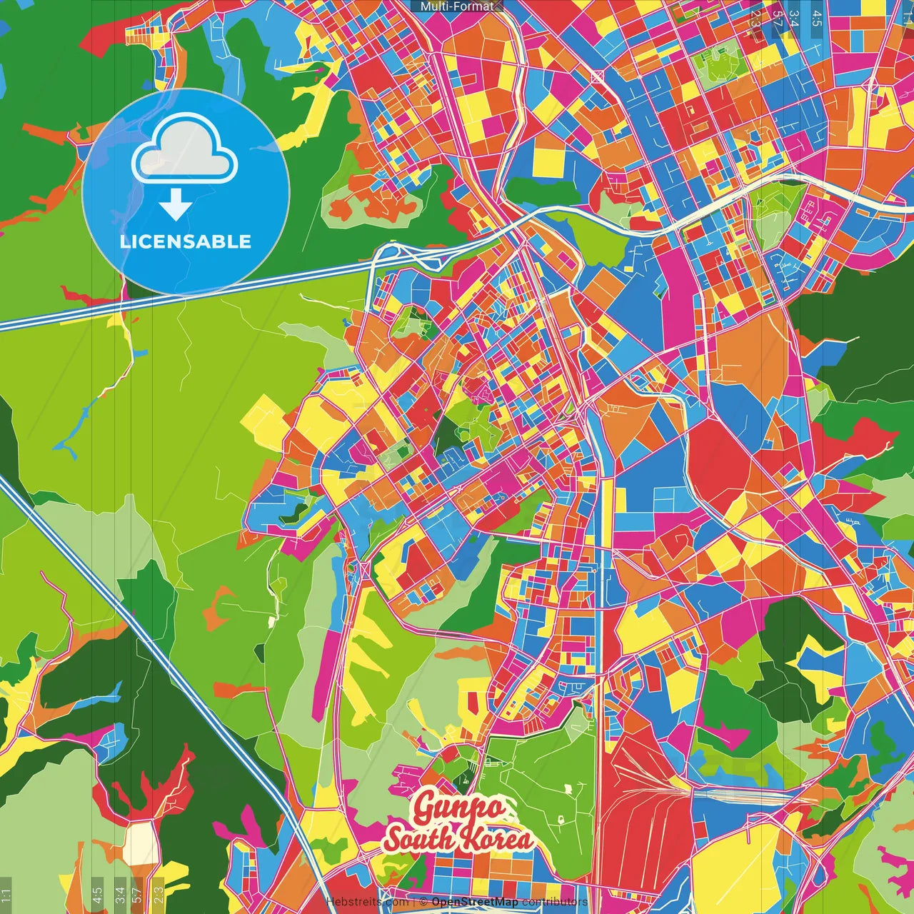 Gunpo, Gyeonggi, South Korea Crazy Colorful Street Map Poster Template