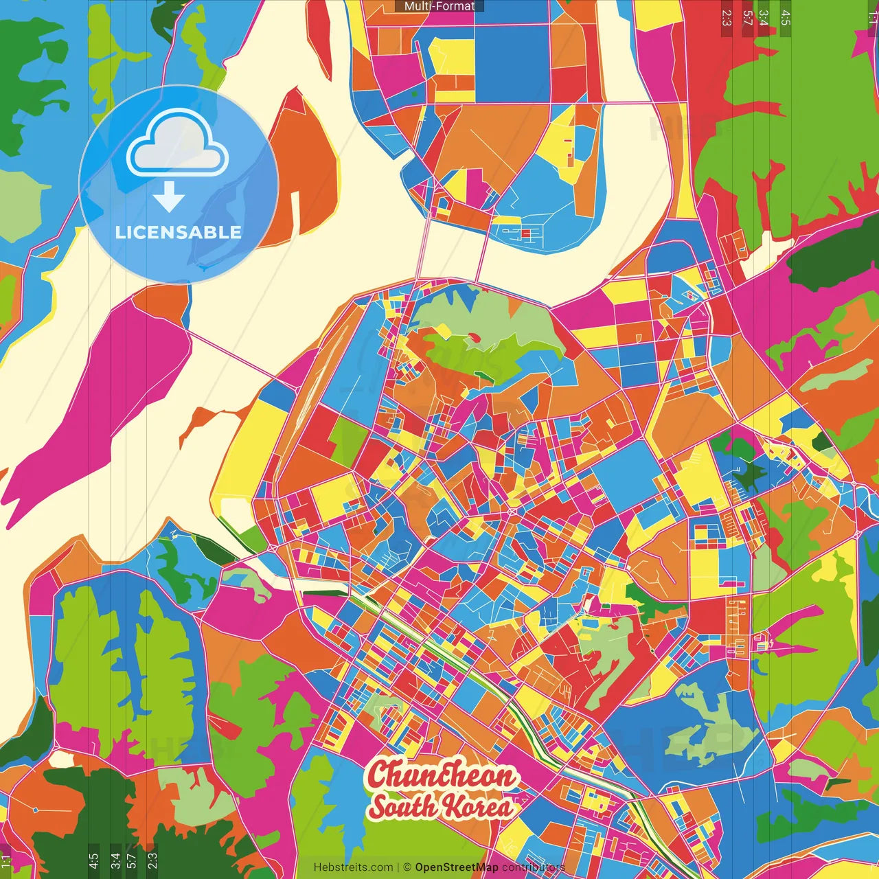 Chuncheon, Gangwon, South Korea Crazy Colorful Street Map Poster Template