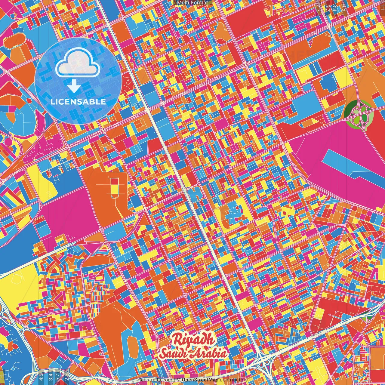 Riyadh, Saudi Arabia Crazy Colorful Street Map Poster Template