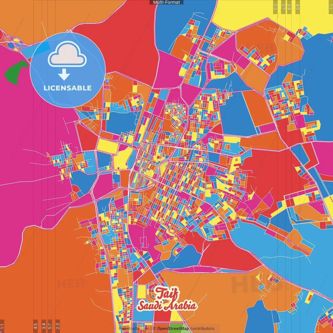 Taif, Saudi Arabia Crazy Colorful Street Map Poster Template
