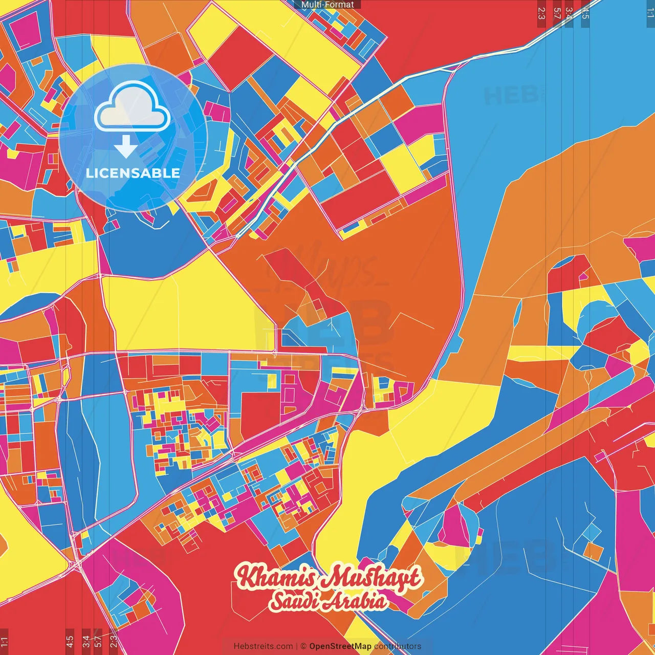 Khamis Mushayt, Saudi Arabia Crazy Colorful Street Map Poster Template