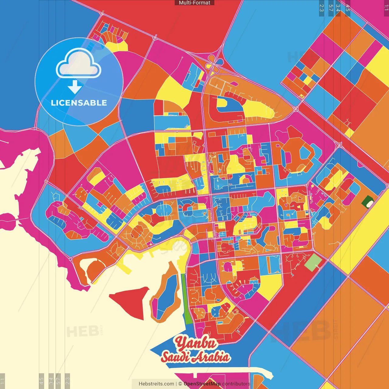 Yanbu, Saudi Arabia Crazy Colorful Street Map Poster Template