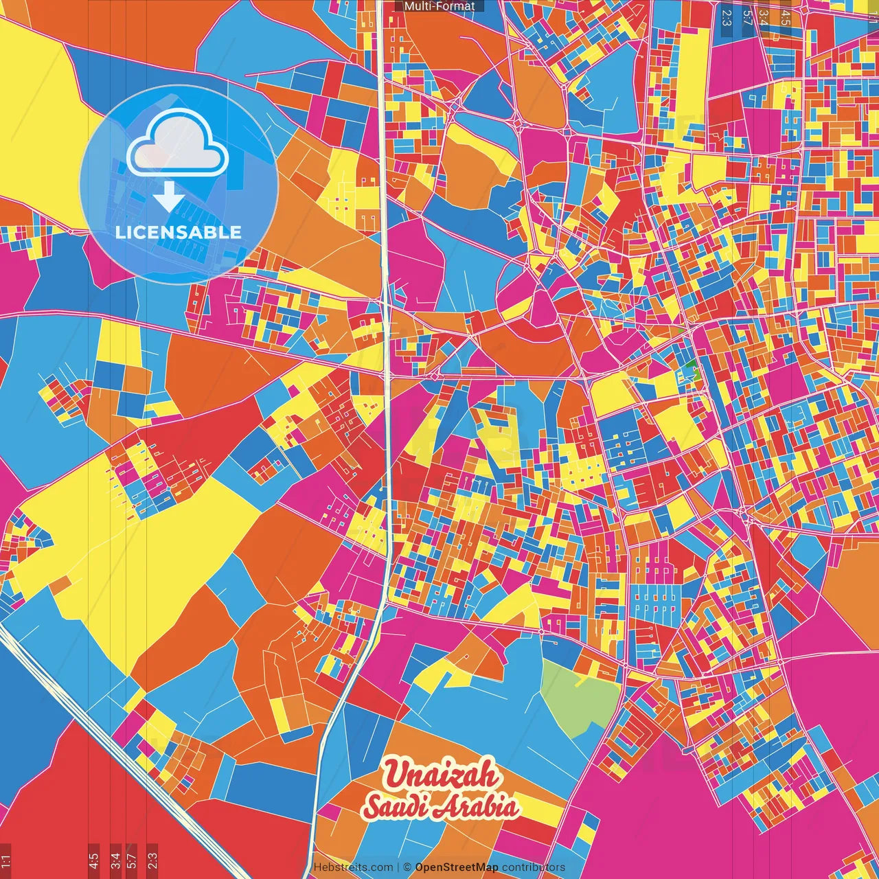 Unaizah, Saudi Arabia Crazy Colorful Street Map Poster Template