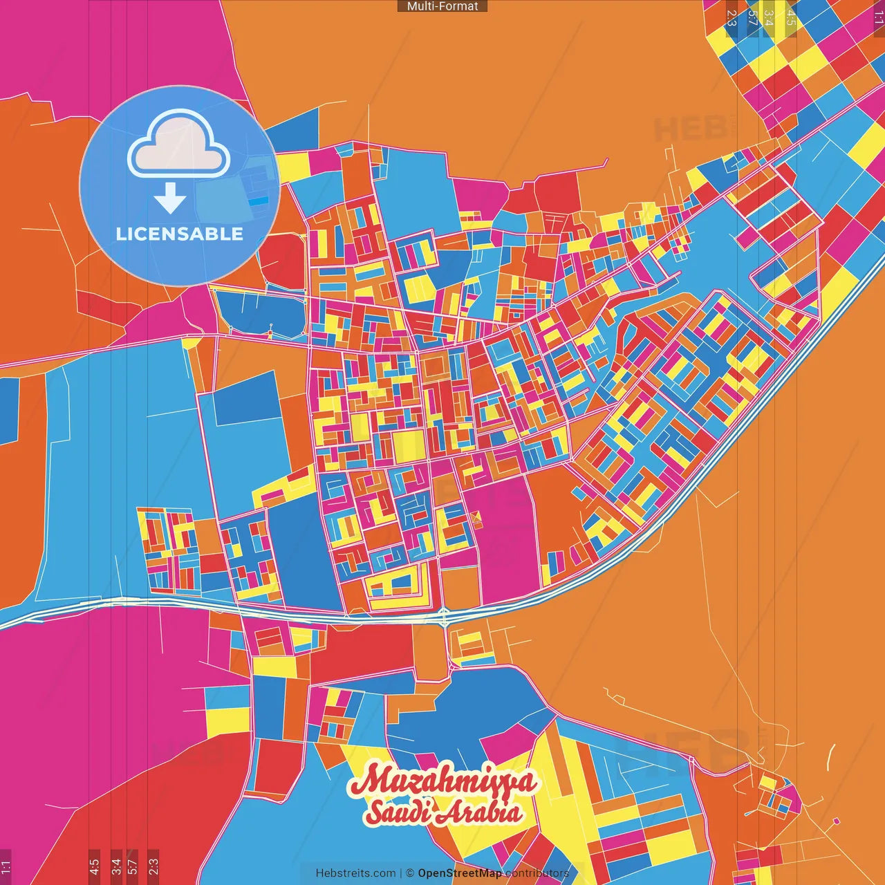 Muzahmiyya, Saudi Arabia Crazy Colorful Street Map Poster Template