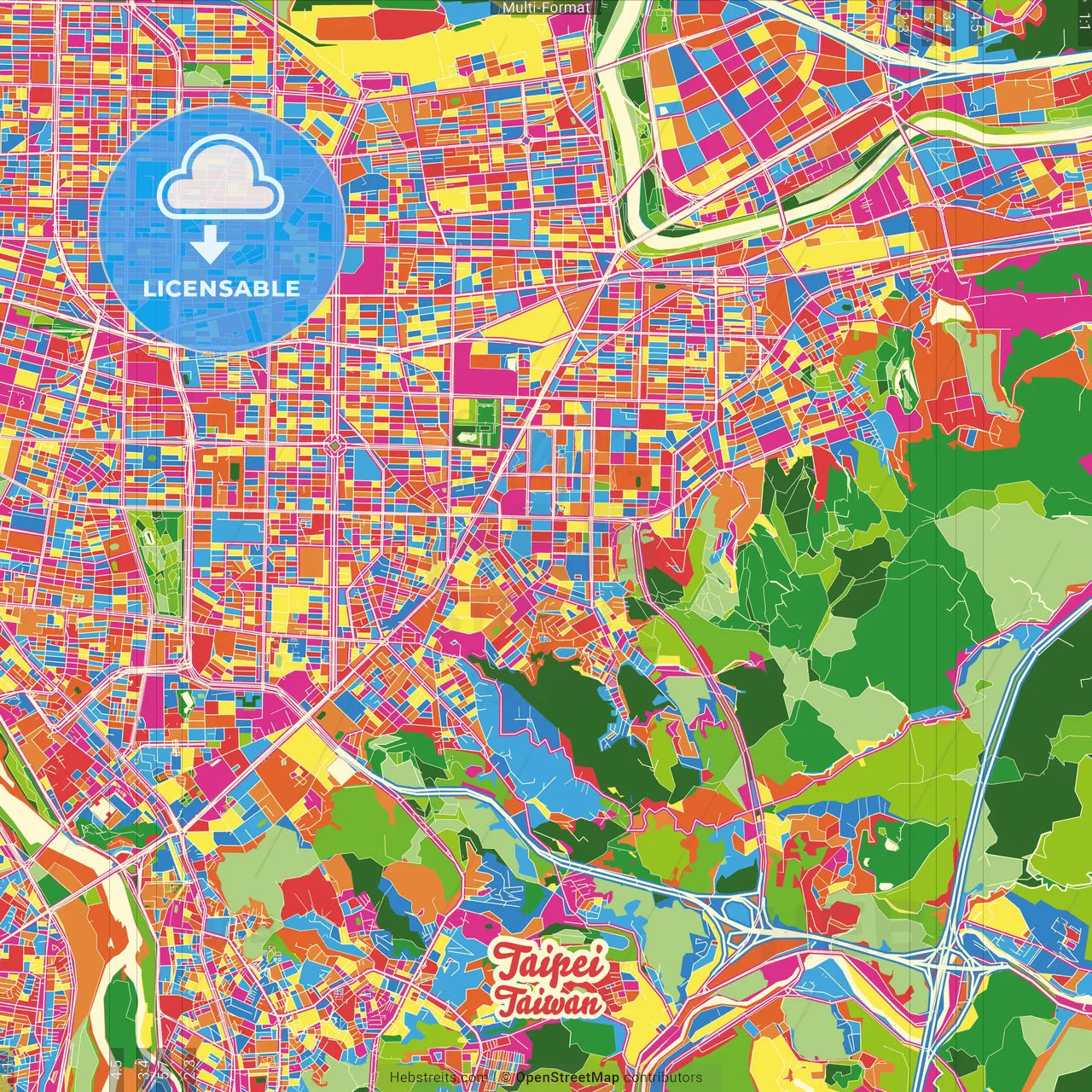 Taipei, Taiwan Crazy Colorful Street Map Poster Template