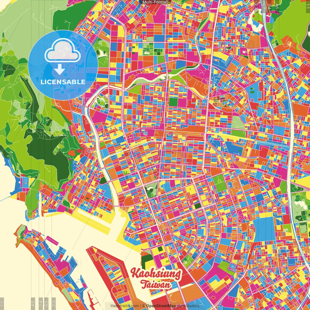 Kaohsiung, Taiwan Crazy Colorful Street Map Poster Template