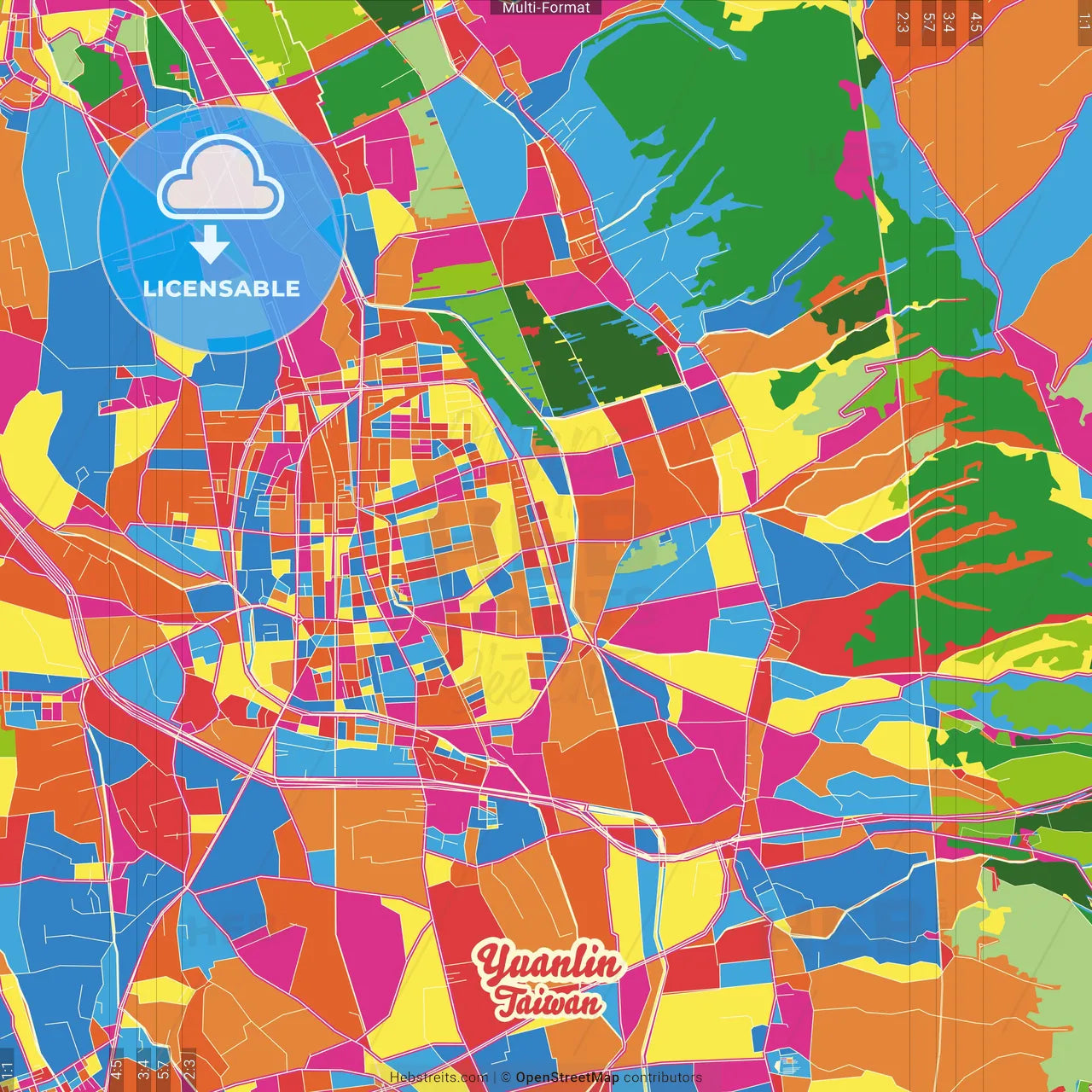 Yuanlin, Changhua, Taiwan Crazy Colorful Street Map Poster Template