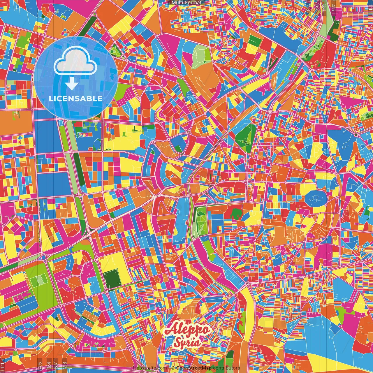 Aleppo, Syria Crazy Colorful Street Map Poster Template