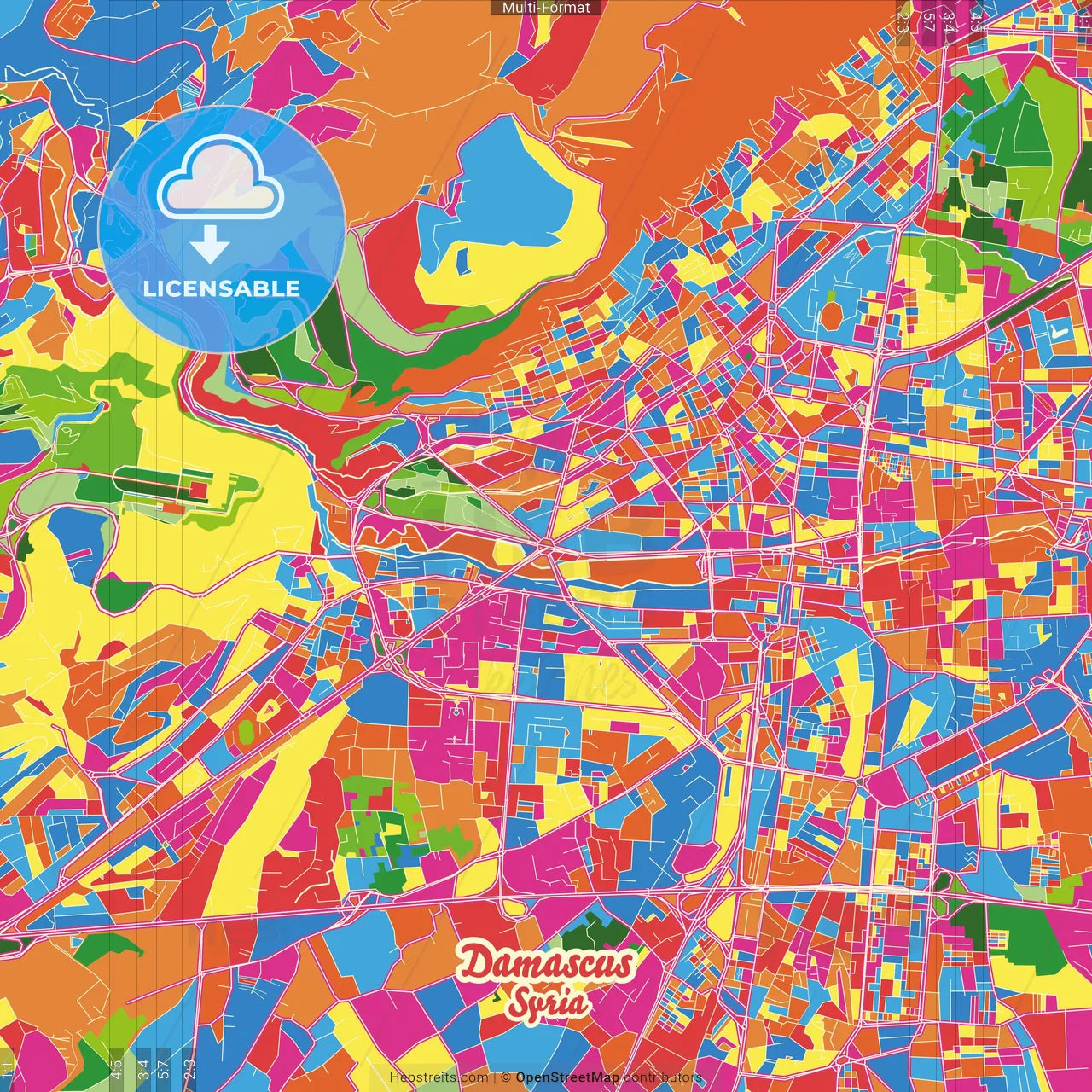 Damascus, Syria Crazy Colorful Street Map Poster Template