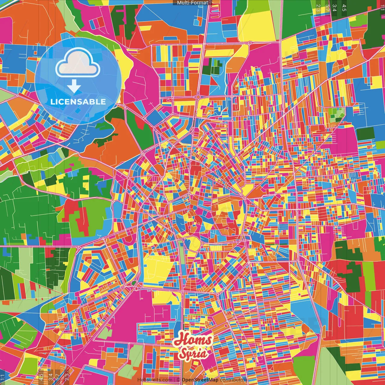 Homs, Syria Crazy Colorful Street Map Poster Template