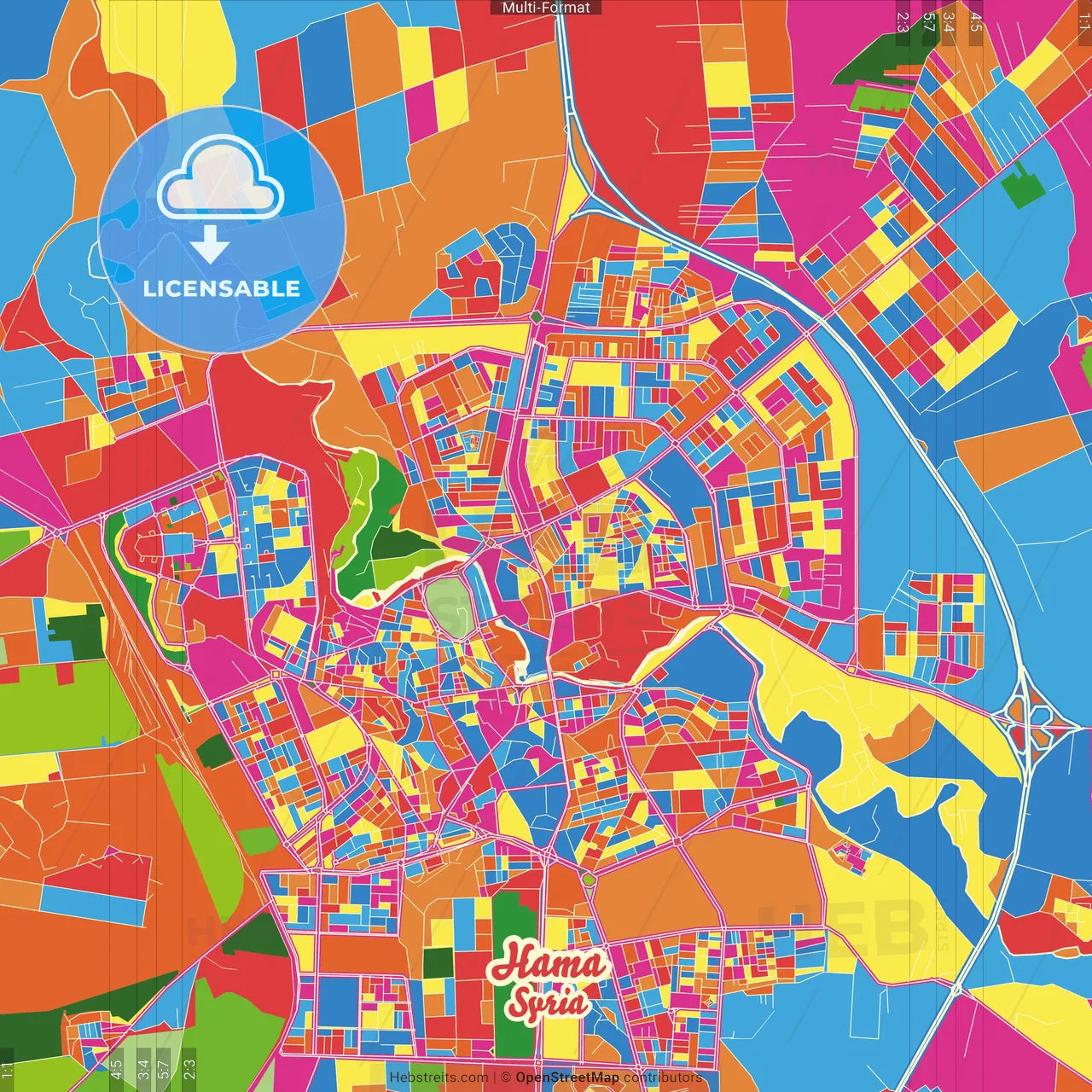 Hama, Syria Crazy Colorful Street Map Poster Template