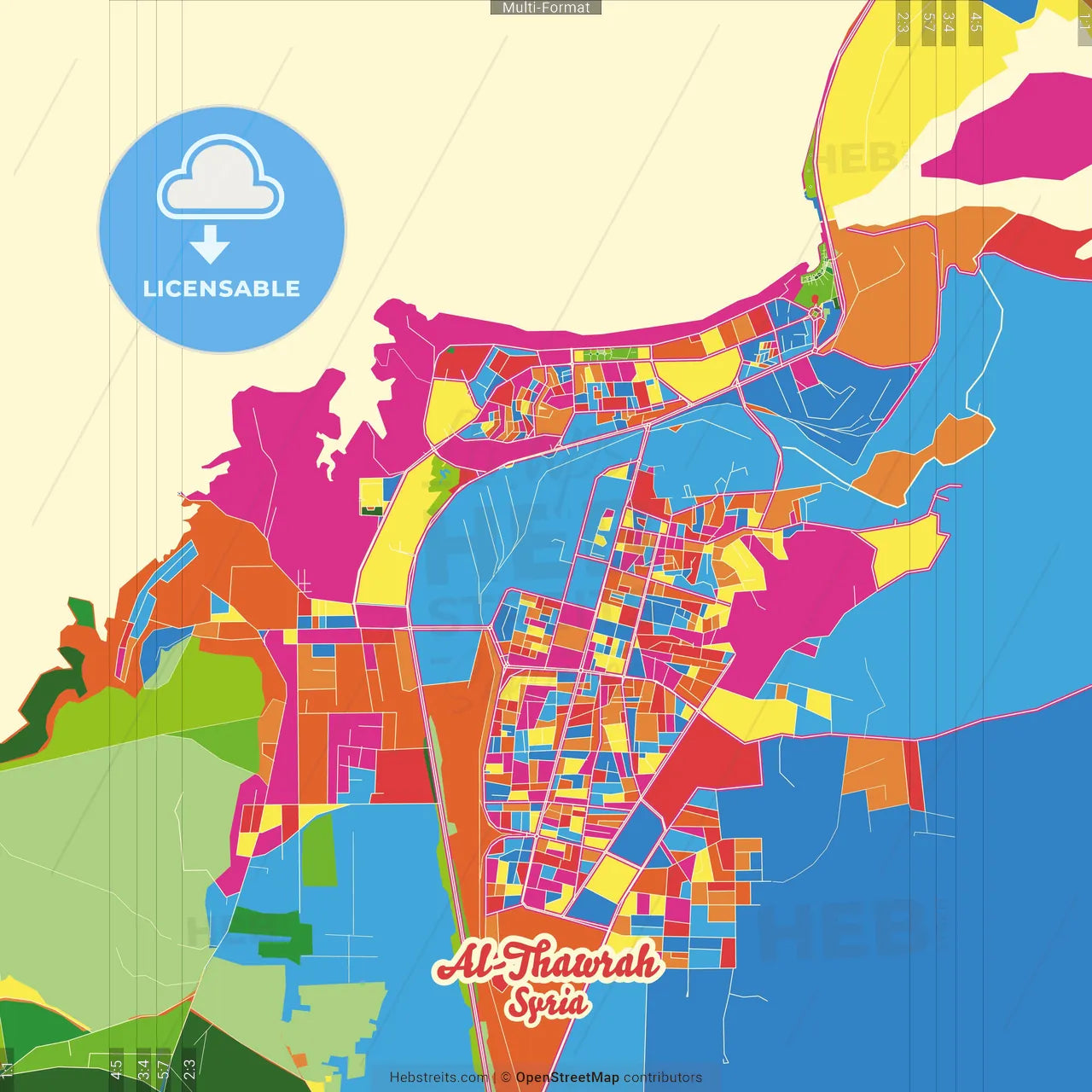 Al-Thawrah, Syria Crazy Colorful Street Map Poster Template