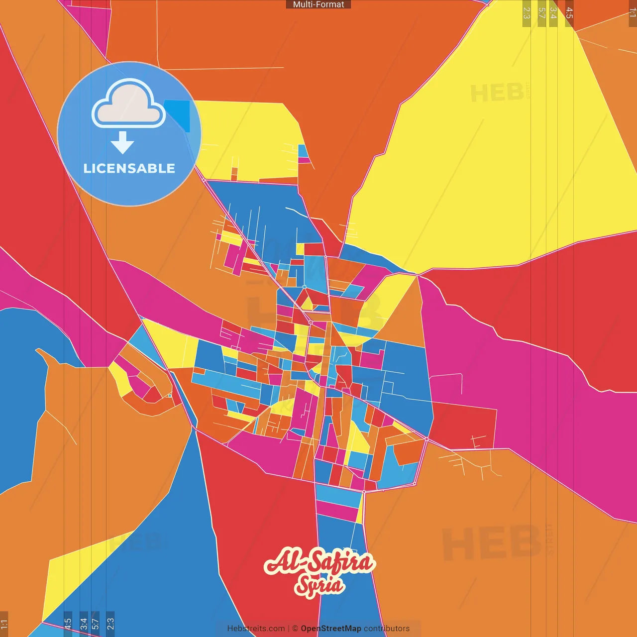 Al-Safira, Syria Crazy Colorful Street Map Poster Template