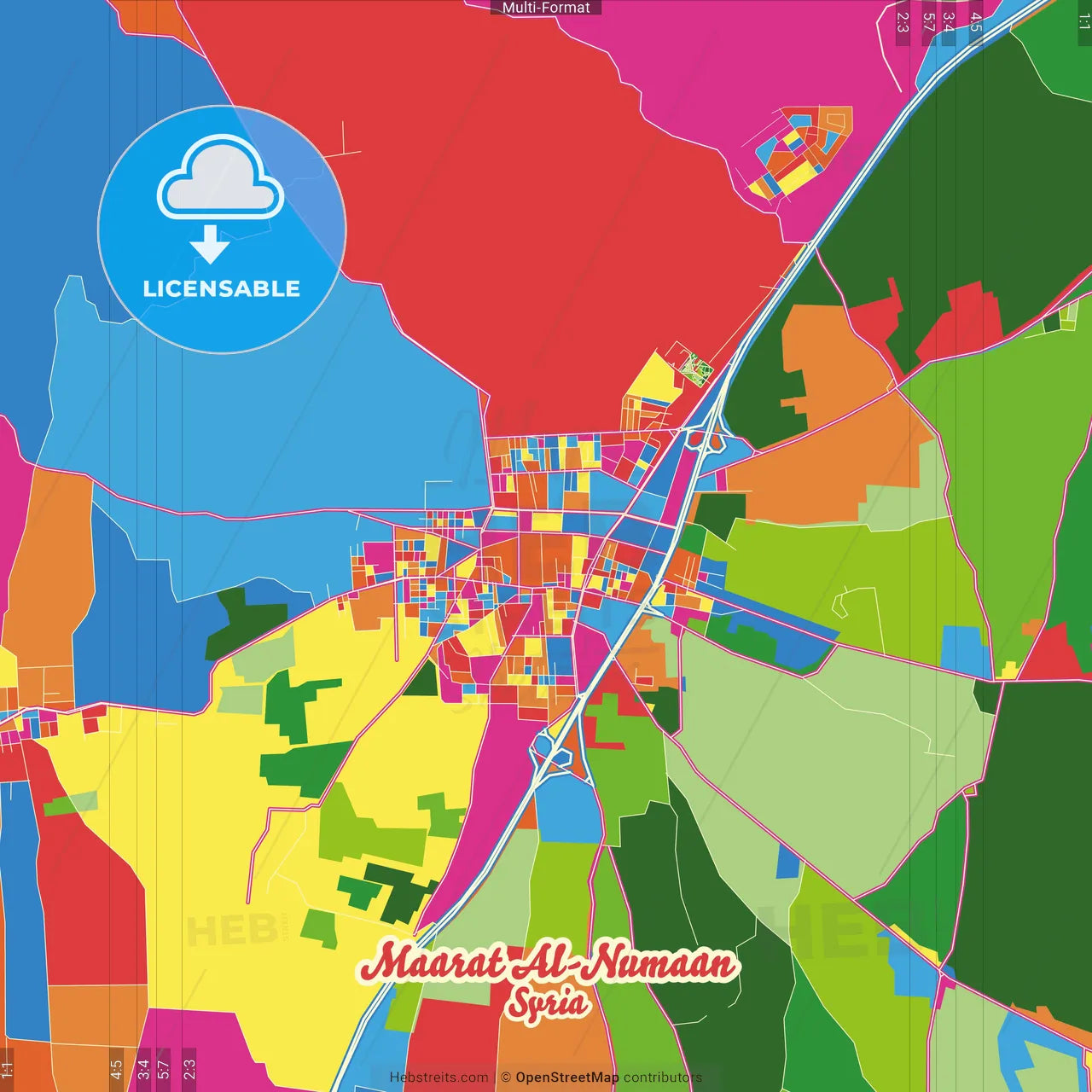 Maarat al-Numaan, Syria Crazy Colorful Street Map Poster Template