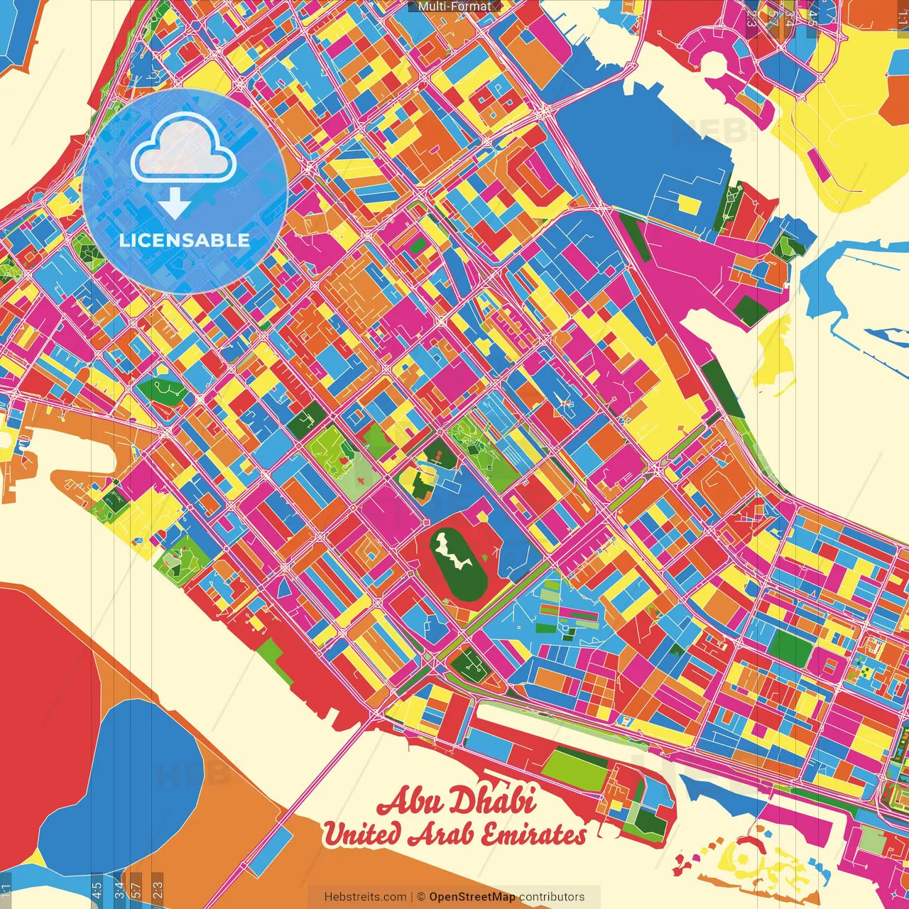 Abu Dhabi , United Arab Emirates Crazy Colorful Street Map Poster Template