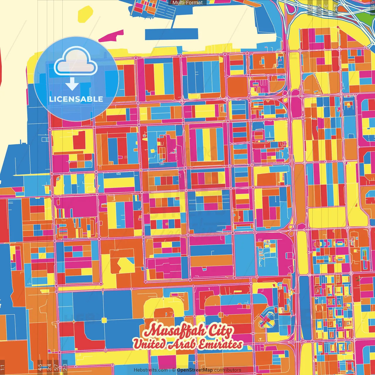Musaffah City , United Arab Emirates Crazy Colorful Street Map Poster Template