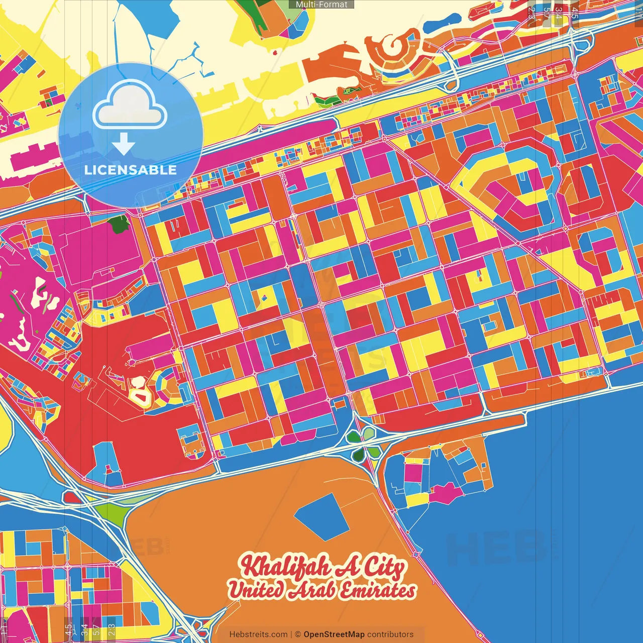 Khalifah A City, United Arab Emirates Crazy Colorful Street Map Poster Template