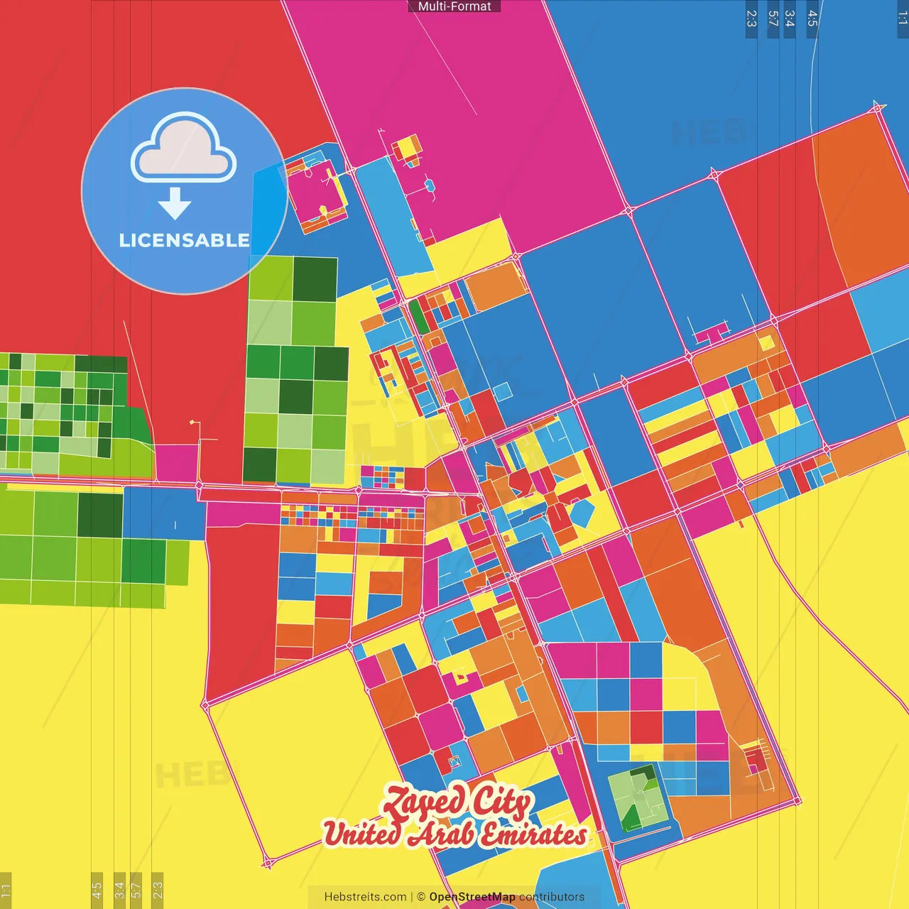 Zayed City , United Arab Emirates Crazy Colorful Street Map Poster Template