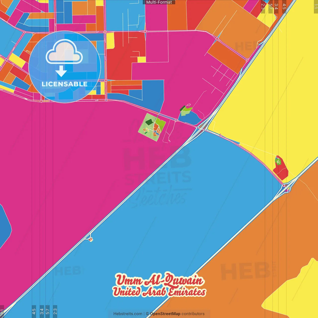 Umm al-Quwain , United Arab Emirates Crazy Colorful Street Map Poster Template
