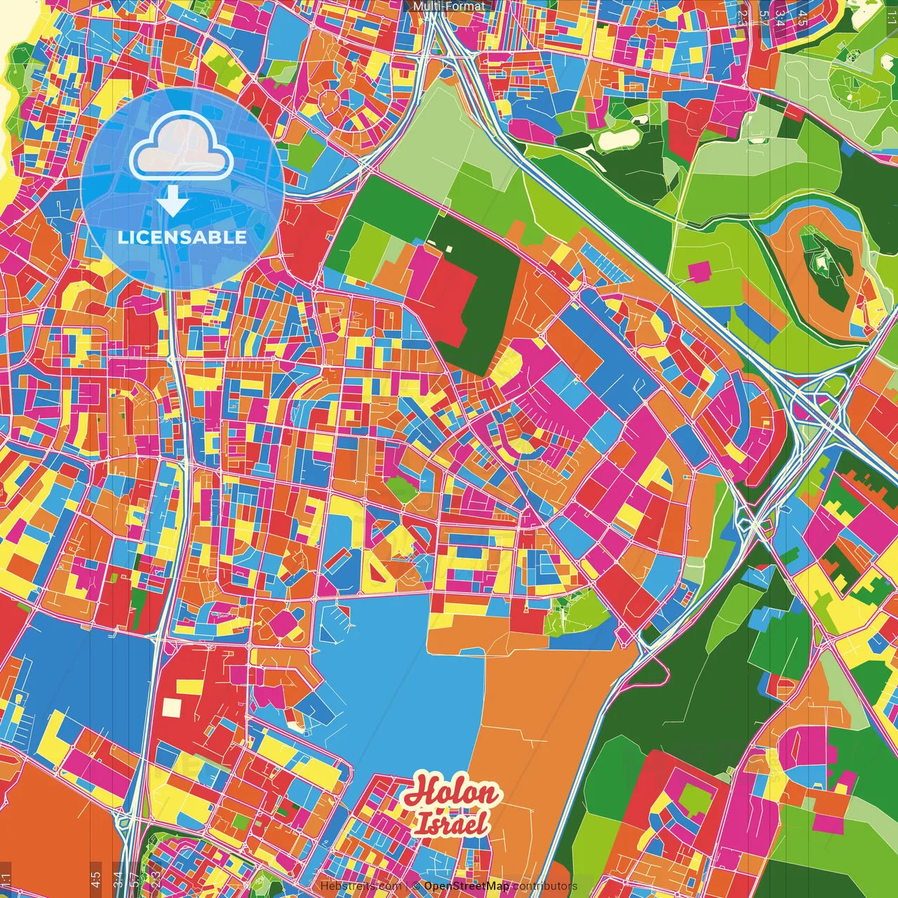 Holon, Tel Aviv, Israel Crazy Colorful Street Map Poster Template